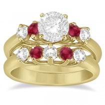 Five Stone Diamond and Ruby Bridal Ring Set 14k Yellow Gold (1.10ct)