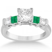 5 Stone Princess Diamond & Emerald Engagement Ring 14K W. Gold 0.46ct