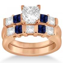 5 Stone Diamond & Blue Sapphire Bridal Set 14K Rose Gold 1.02ct