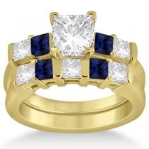 5 Stone Diamond & Blue Sapphire Bridal Set 18k Yellow Gold 1.02ct