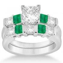5 Stone Diamond & Green Emerald Bridal Ring Set 18k White Gold 1.02ct