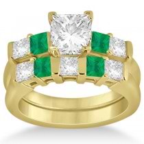 5 Stone Diamond & Green Emerald Bridal Ring Set 18k Yellow Gold 1.02ct