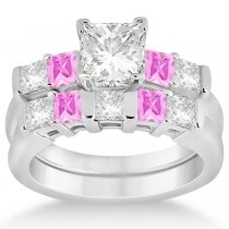 5 Stone Diamond & Pink Sapphire Bridal Set Platinum 1.02ct