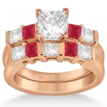 5 Stone Princess Diamond & Ruby Bridal Ring Set 14K Rose Gold 1.02ct
