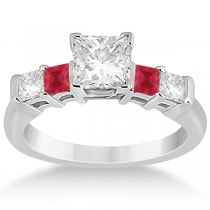5 Stone Princess Diamond & Ruby Bridal Ring Set 14K White Gold 1.02ct