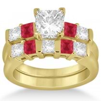 5 Stone Princess Diamond & Ruby Bridal Ring Set 14K Yellow Gold 1.02ct