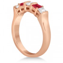 5 Stone Princess Diamond & Ruby Bridal Ring Set 18k Rose Gold 1.02ct