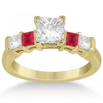 5 Stone Princess Diamond & Ruby Bridal Ring Set 18k Yellow Gold 1.02ct