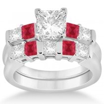 5 Stone Princess Diamond & Ruby Bridal Ring Set Platinum 1.02ct