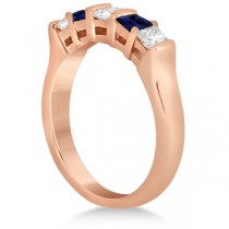 5 Stone Diamond & Blue Sapphire Princess Ring 14K Rose Gold 0.56ct