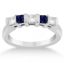 5 Stone Diamond & Blue Sapphire Princess Ring 14K White Gold 0.56ct