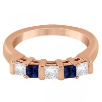 5 Stone Diamond & Blue Sapphire Princess Ring 18K Rose Gold 0.56ct