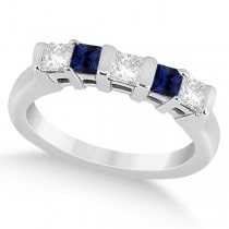 5 Stone Diamond & Blue Sapphire Princess Ring 18K White Gold 0.56ct