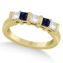 5 Stone Diamond & Blue Sapphire Princess Ring 18K Yellow Gold 0.56ct
