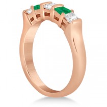5 Stone Diamond & Green Emerald Princess Ring 14K Rose Gold 0.56ct