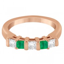 5 Stone Diamond & Green Emerald Princess Ring 14K Rose Gold 0.56ct
