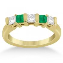 5 Stone Diamond & Green Emerald Princess Ring 14K Yellow Gold 0.56ct
