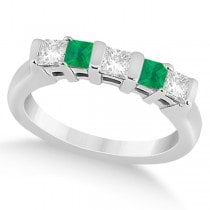 5 Stone Diamond & Green Emerald Princess Ring 18K White Gold 0.56ct