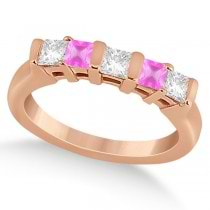 5 Stone Diamond & Pink Sapphire Princess Ring 14K Rose Gold 0.56ct
