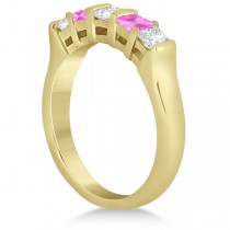 5 Stone Diamond & Pink Sapphire Princess Ring 14K Yellow Gold 0.56ct