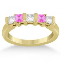 5 Stone Diamond & Pink Sapphire Princess Ring 14K Yellow Gold 0.56ct