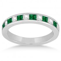 Channel Emerald & Diamond Wedding Ring 14k White Gold (0.60ct)