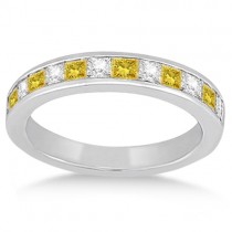 Princess Cut White & Yellow Diamond Wedding Band 18K White Gold 0.60ct