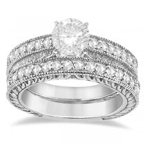 Vintage Filigree Diamond Engagement Bridal Set 14k White Gold (0.35ct)