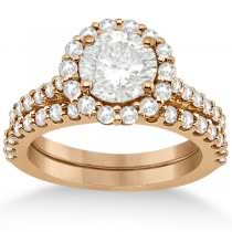 Halo Diamond Engagement Ring & Band Bridal Set 14K Rose Gold (1.12ct)