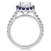 Halo Diamond & Blue Sapphire Ring Bridal Set 14K White Gold (1.12ct)