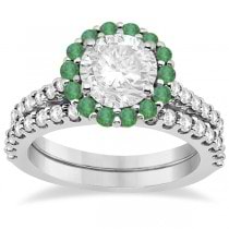 Halo Diamond & Emerald Bridal Engagement Ring Set Platinum (1.12ct)
