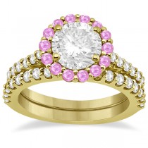 Halo Diamond & Pink Sapphire Bridal Ring Set 18K Yellow Gold (1.12ct)