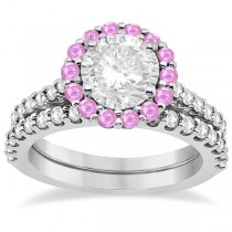 Halo Diamond & Pink Sapphire Bridal Ring Set Platinum (1.12ct)