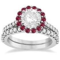 Halo Diamond & Ruby Bridal Engagement Ring Set 18K White Gold (1.54ct)