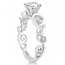 Diamond Flower Swirl Solitaire Bridal Ring Set  14k White Gold