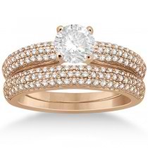Triple Row Pave Diamond Engagement Ring & Band 14K Rose Gold  0.78ct