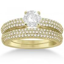 Triple Row Pave Diamond Engagement Ring & Band 18k Yellow Gold 0.78ct