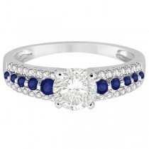 Three-Row Blue Sapphire Diamond Engagement Ring 14k White Gold 0.55ct