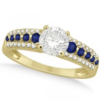 Three-Row Blue Sapphire Diamond Engagement Ring 18k Yellow Gold 0.55ct