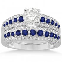 Three-Row Blue Sapphire & Diamond Bridal Set 14k White Gold (1.18ct)