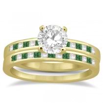 Princess Cut Diamond & Emerald Bridal Ring Set 18k Yellow Gold (0.54ct)