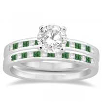 Princess Cut Diamond & Emerald Bridal Ring Set Platinum (0.54ct)