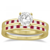 Princess Cut Diamond & Ruby Bridal Ring Set 14k Yellow Gold (0.54ct)
