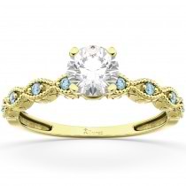 Vintage Diamond & Aquamarine Engagement Ring 14k Yellow Gold 0.50ct