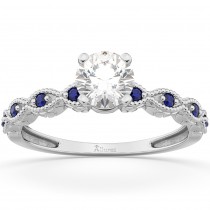 Vintage Diamond & Blue Sapphire Engagement Ring 14k White Gold 0.75ct