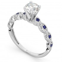 Vintage Diamond & Blue Sapphire Engagement Ring 14k White Gold 0.75ct