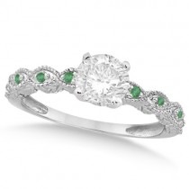 Vintage Lab Grown Diamond & Emerald Engagement Ring 18k White Gold 1.50ct