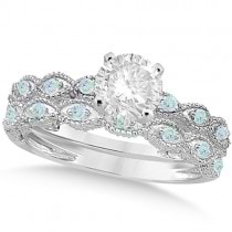 Vintage Lab Grown Diamond & Aquamarine Bridal Set Platinum 0.70ct