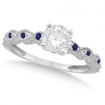 Vintage Diamond & Blue Sapphire Bridal Set 14k White Gold 0.95ct
