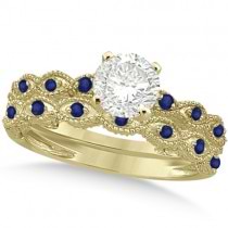 Vintage Diamond & Blue Sapphire Bridal Set 14k Yellow Gold 0.95ct
